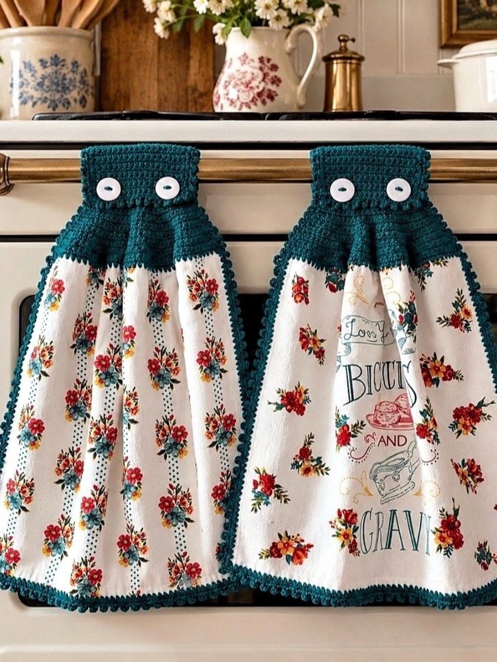 Artisan Handmade Crochet Kitchen Towels Set of 2 Teal Floral Cottage